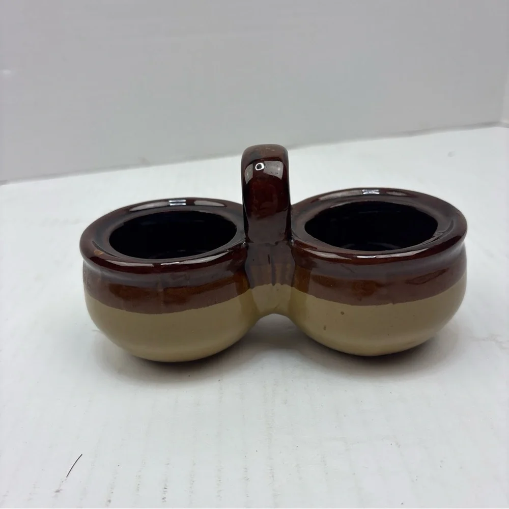 Vintage Brown Cream Stoneware Glazed Holder Double Condiment Sauce Dip Handle